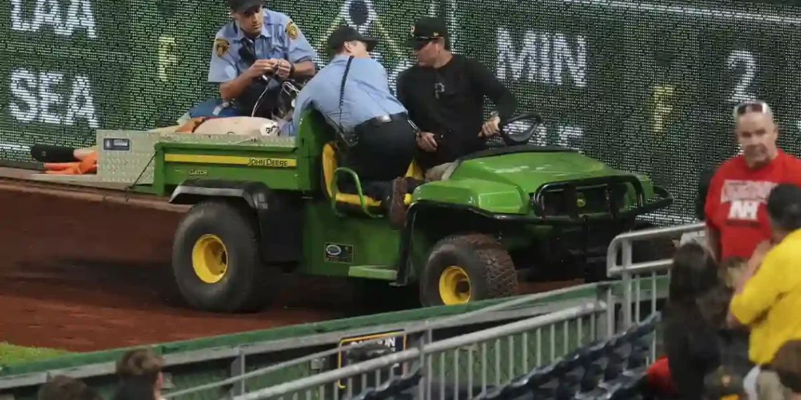 Pirates Game Paused After Fan Falls from Right Field Wall - AP Photo/Gene Puskar