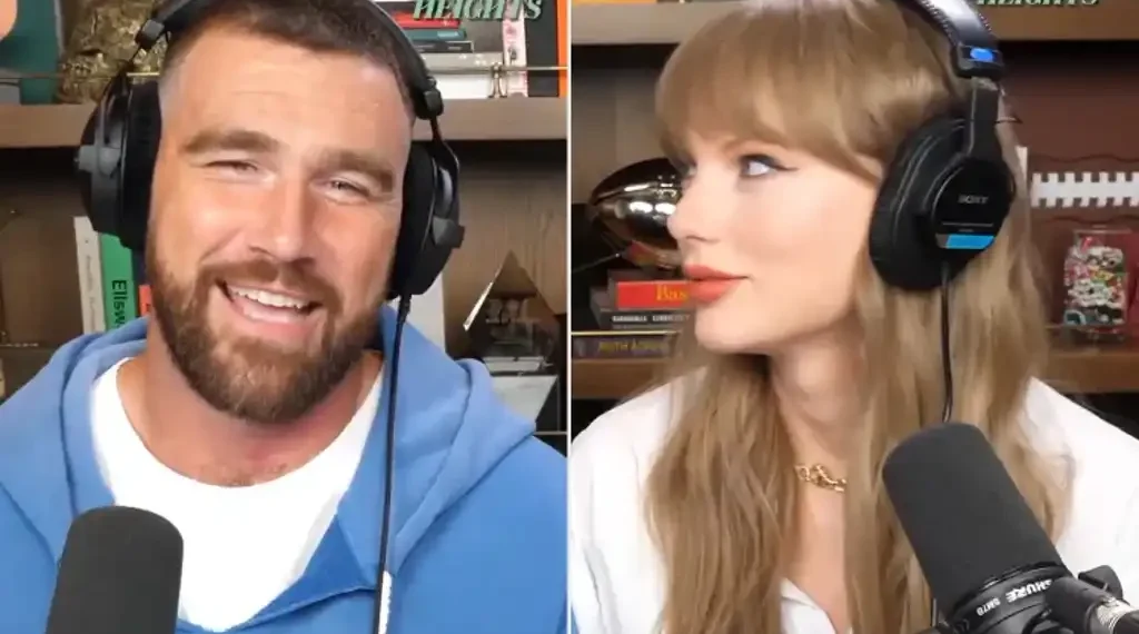 Travis and Jason Kelce Announce Taylor Swift’s Debut on New Heights Podcast in Highly Anticipated August 13 Episode - Travis Kelce and Taylor Swift on 'New Heights'. Credit : x