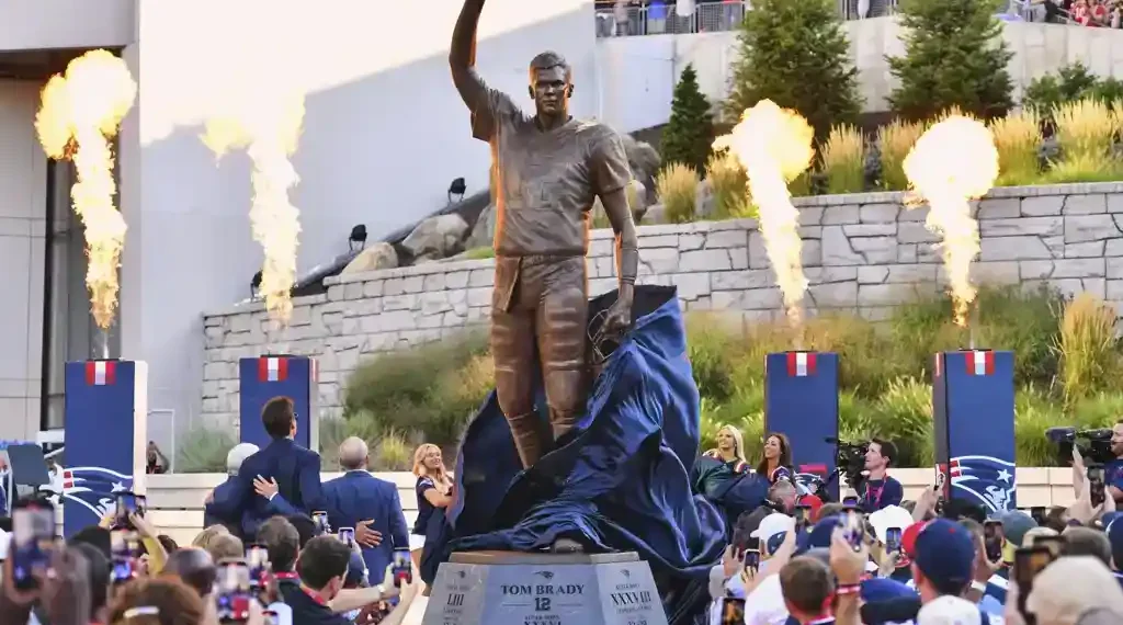 Tom Brady Immortalized: Patriots Reveal Six-Ton Bronze Statue Honoring Six Super Bowl Championships and 20 Seasons of Greatness - AP Photo/Steven Senne