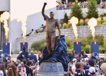 Tom Brady Immortalized: Patriots Reveal Six-Ton Bronze Statue Honoring Six Super Bowl Championships and 20 Seasons of Greatness - AP Photo/Steven Senne