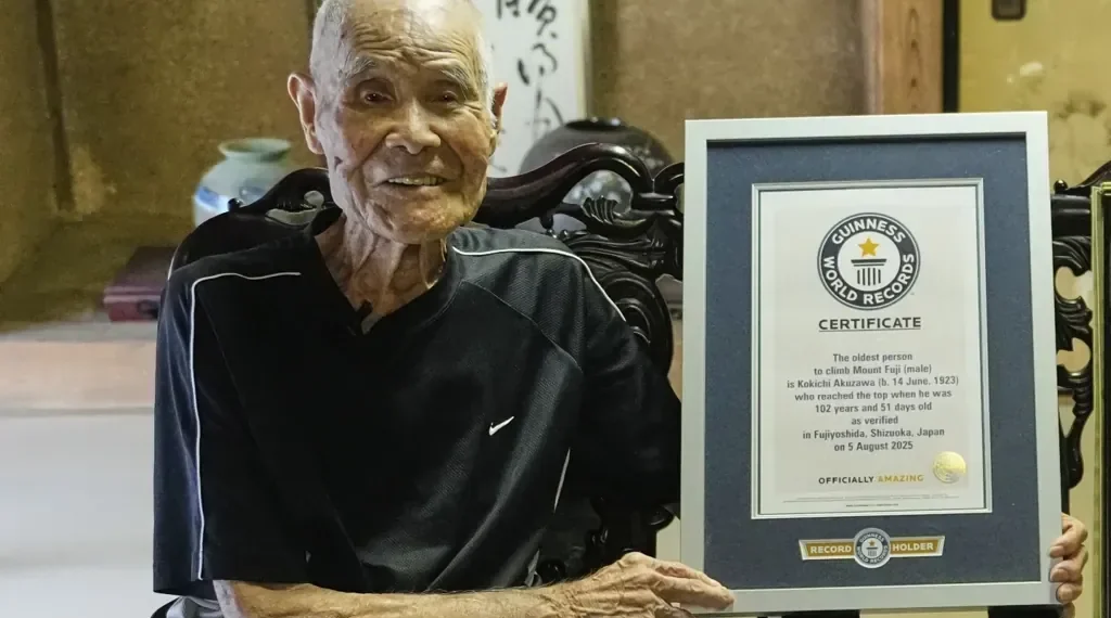 At 102, Kokichi Akuzawa Sets Guinness World Record as the Oldest Person to Reach the Summit of Japan’s Iconic Mount Fuji - AP Photo/Hiro Komae