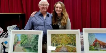 92-year-old artist Robert Rose painting in his Oxfordshire studio - Robert Rose/BBC