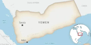 Yemen’s Houthi Rebels Signal Pause in Attacks on Israel and Red Sea Shipping - This is a locator map for Yemen with its capital, Sanaa. (AP Photo)