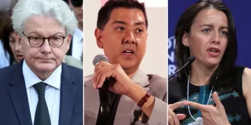 US and EU flags amid dispute over online censorship rules - Getty Images/AP/CNN