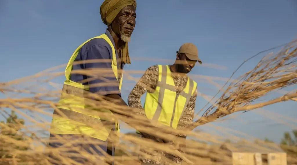 Refugee firefighters training with branches in Mauritania desert - AP Photo/Caitlin Kelly