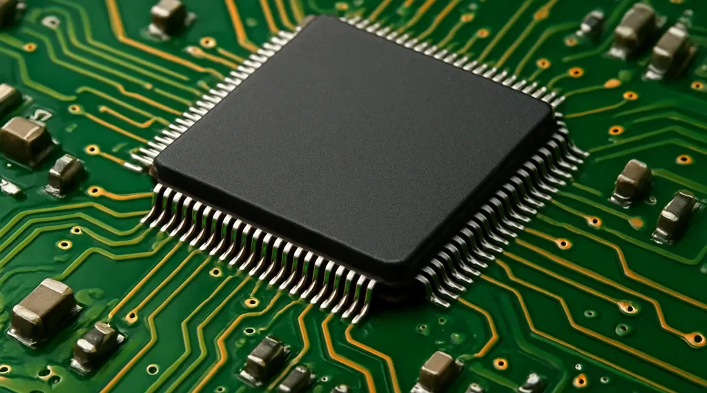 Close-up of a semiconductor wafer in a high-tech fabrication facility, illustrating global chip production. - Generated by AI for Journos News