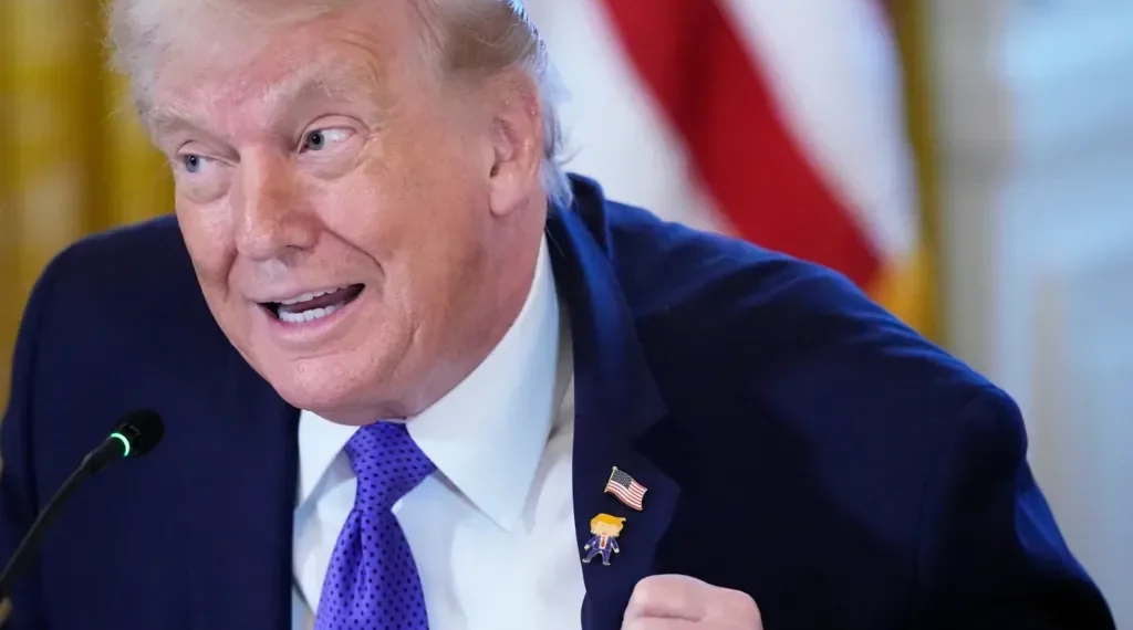 Donald Trump wearing Happy Trump lapel pin at White House event - AP Photo/Alex Brandon