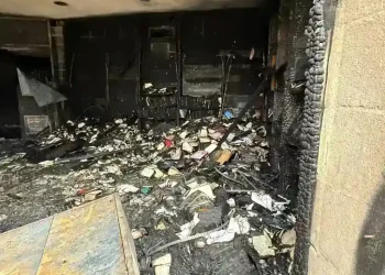 Burned entrance of historic Mississippi synagogue after arson attack - Beth Israel Congregation via AP