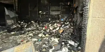 Burned entrance of historic Mississippi synagogue after arson attack - Beth Israel Congregation via AP