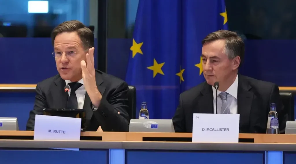 NATO chief Mark Rutte speaking to EU lawmakers in Brussels - AP Photo/Virginia Mayo