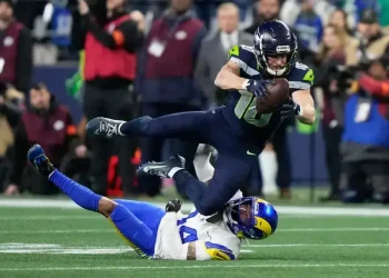 Sam Darnold celebrates Seahawks NFC Championship win over Rams - AP News/Stephen Brashear