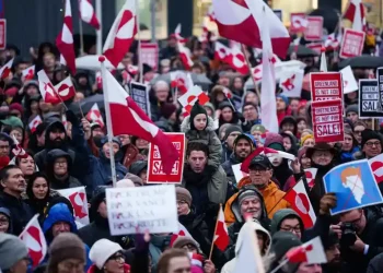 Trump speaks as Greenland and European flags appear behind him - AP Photo/Evgeniy Maloletka