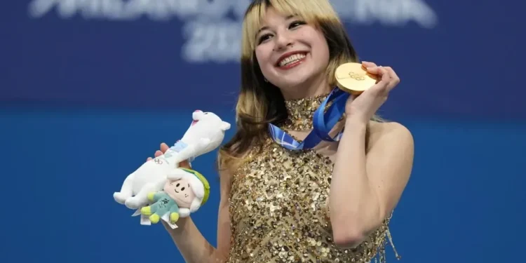 Alysa Liu celebrating Olympic figure skating gold in Milan - AP Photo/Stephanie Scarbrough