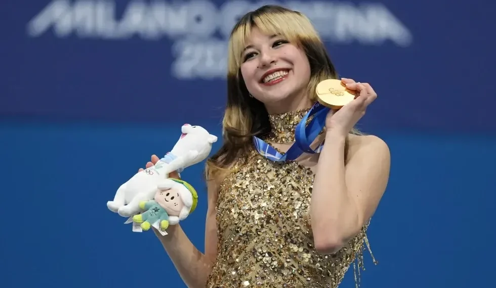 Alysa Liu celebrating Olympic figure skating gold in Milan - AP Photo/Stephanie Scarbrough