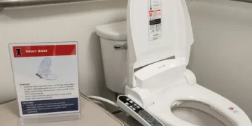 Bidet attachment on toilet illustrating water cleansing after bathroom use - Robin Scholz/The News-Gazette via AP, File