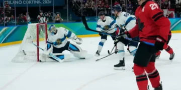 Nathan MacKinnon scores late against Finland in Olympic semifinal - AP Photo/Petr David Josek