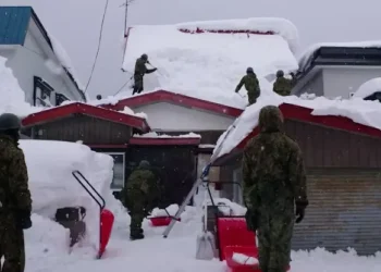 Residents walk between towering snow walls after heavy snowfall in Aomori - Photo: AFP/Japan's Ministry of Defense/Handout