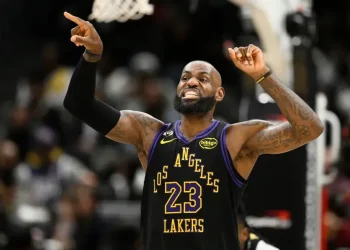 LeBron James during NBA All-Star event ahead of 2026 game in Inglewood - AP Photo/Nick Wass
