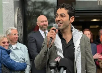 Mohsen Mahdawi speaking at Columbia protest rally - AP Photo/Amanda Swinhart, File