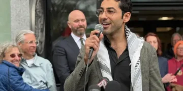 Mohsen Mahdawi speaking at Columbia protest rally - AP Photo/Amanda Swinhart, File
