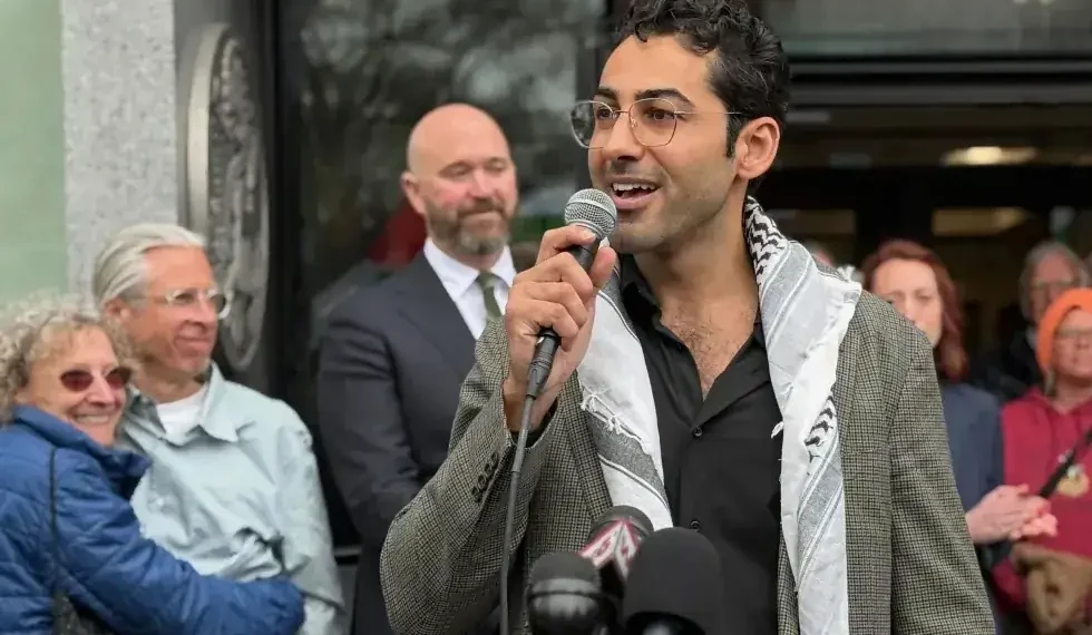 Mohsen Mahdawi speaking at Columbia protest rally - AP Photo/Amanda Swinhart, File