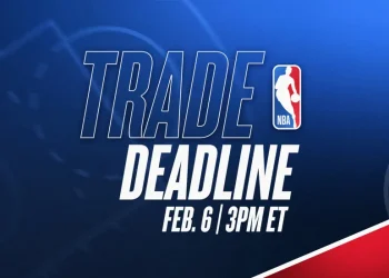 NBA trade deadline board with team logos and player movement arrows - image NBA