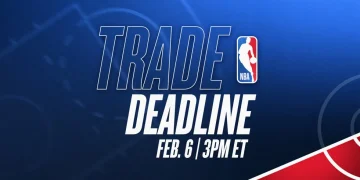 NBA trade deadline board with team logos and player movement arrows - image NBA