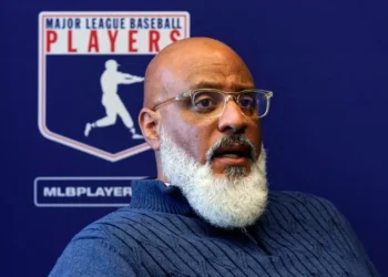 Tony Clark speaks during MLB players union meeting - AP Photo/Richard Drew, File