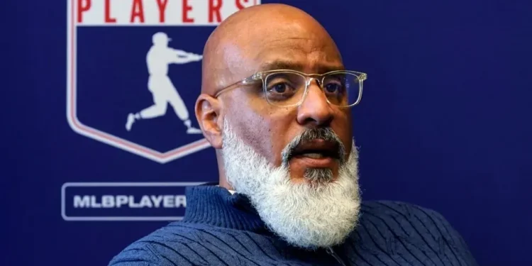 Tony Clark speaks during MLB players union meeting - AP Photo/Richard Drew, File
