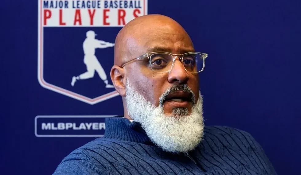 Tony Clark speaks during MLB players union meeting - AP Photo/Richard Drew, File