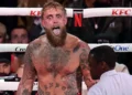 Anthony Joshua knocking down Jake Paul during sixth round finish - Photo by Carmen Mandato/Getty Images for Netflix
