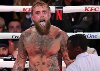Anthony Joshua knocking down Jake Paul during sixth round finish - Photo by Carmen Mandato/Getty Images for Netflix