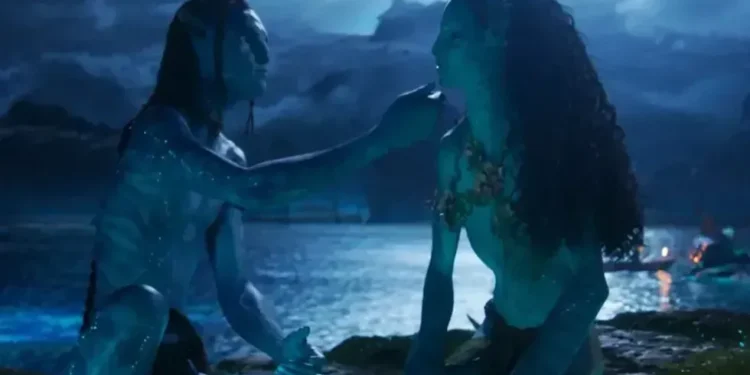 Scene from Avatar Fire and Ash featuring Na’vi characters in battle - 20th Century Studios/Disney via AP