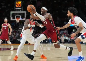 Bam Adebayo celebrates after scoring 83 points for Miami Heat - AP Photo/Rebecca Blackwell