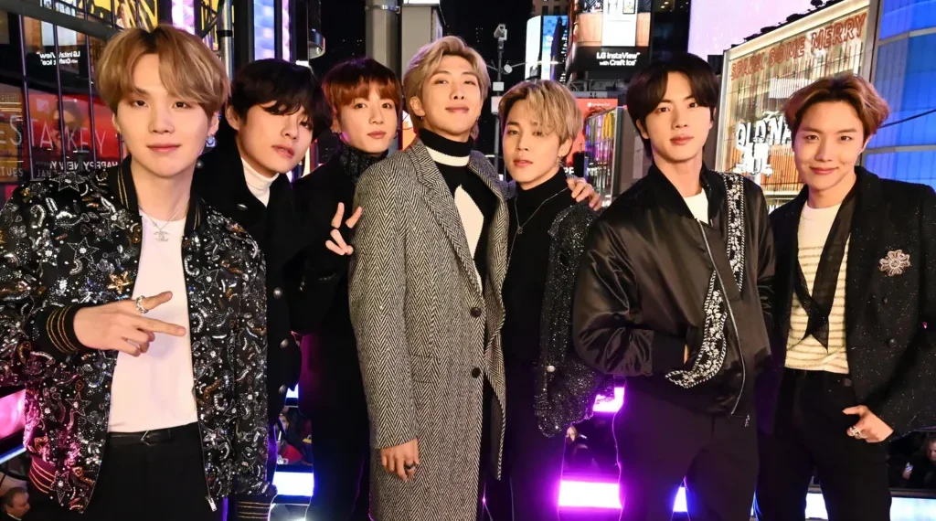 BTS members performing during Arirang album comeback world tour - Credit: Astrid Stawiarz/Getty Images for Dick Clark Productions