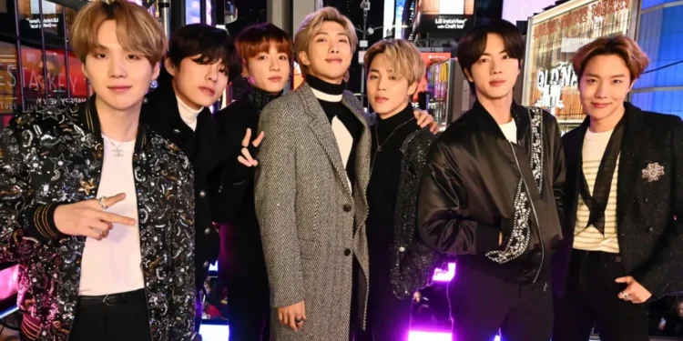 BTS members performing during Arirang album comeback world tour - Credit: Astrid Stawiarz/Getty Images for Dick Clark Productions