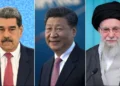 Chinese flag with diplomatic response imagery and international conflict backdrop - Nicolas Maduro, Xi Jinping and Ali Khamenei. AP/Getty Images/Reuters/CNN