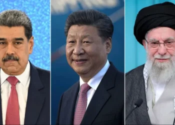 Chinese flag with diplomatic response imagery and international conflict backdrop - Nicolas Maduro, Xi Jinping and Ali Khamenei. AP/Getty Images/Reuters/CNN