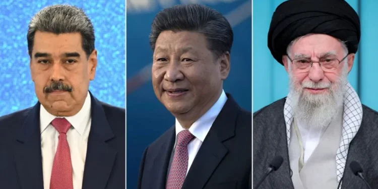 Chinese flag with diplomatic response imagery and international conflict backdrop - Nicolas Maduro, Xi Jinping and Ali Khamenei. AP/Getty Images/Reuters/CNN