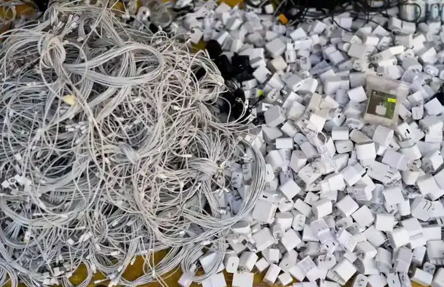 Discarded electronics and devices in e-waste recycling facility processing area - AP Photo/Jae C. Hong, File