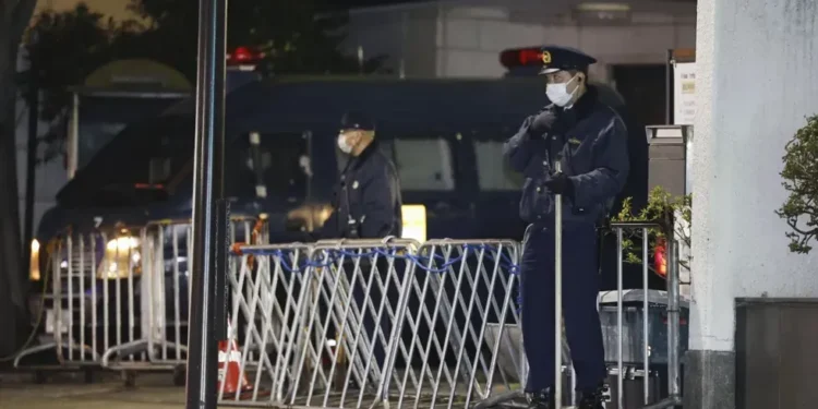 Japanese police outside Chinese embassy after soldier intrusion incident - Yosuke Mizuno/Kyodo News via AP