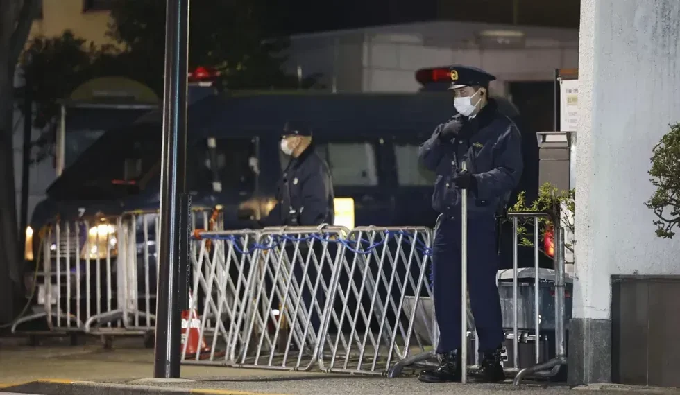 Japanese police outside Chinese embassy after soldier intrusion incident - Yosuke Mizuno/Kyodo News via AP