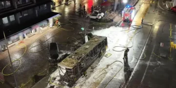 Burning bus in Kerzers Switzerland after deadly fire killed six passengers - Fribourg Police/EPA/Shutterstock/BBC