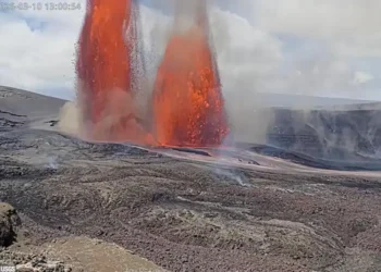 Lava fountains rising from Kilauea crater during eruption in Hawaii - USGS via AP