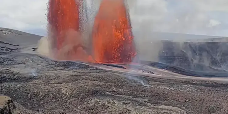 Lava fountains rising from Kilauea crater during eruption in Hawaii - USGS via AP