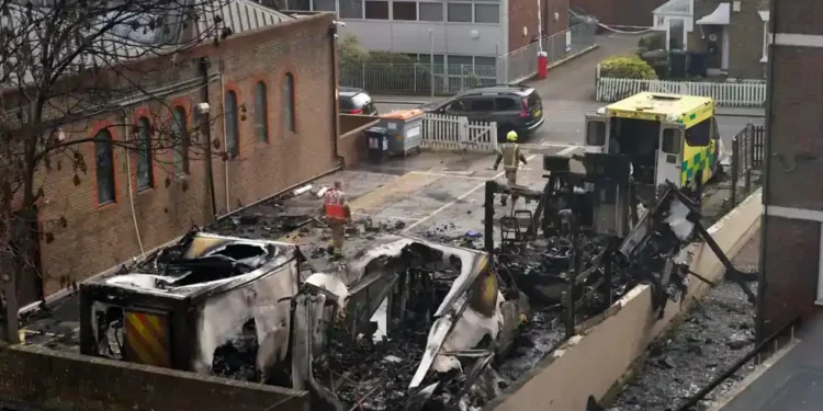 Burned ambulances in Golders Green London after arson attack - AP Photo/Alberto Pezzali