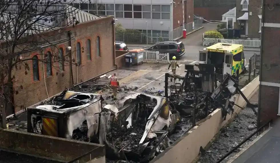 Burned ambulances in Golders Green London after arson attack - AP Photo/Alberto Pezzali