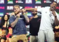 Jake Paul and Anthony Joshua facing off at Miami heavyweight weigh-in - AP Photo/Lynne Sladky