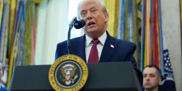 Donald Trump speaking about lawsuit against BBC over edited Jan. 6 speech - AP Photo/Alex Brandon