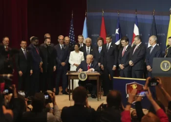 Donald Trump speaking to Latin American leaders about cartel security strategy- AP Photo/Rebecca Blackwell
